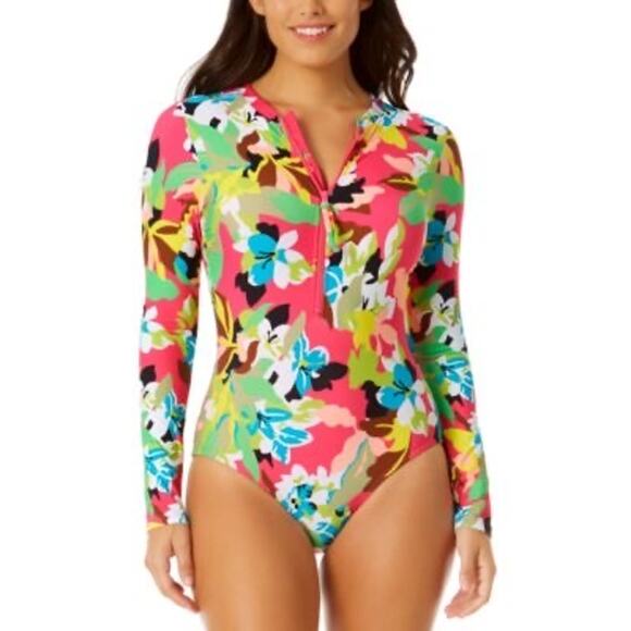 Anne Cole Floral Print Half Zip Rash Guard Swim Shirt Long Sleeve Swimsuit Sz 16 - Picture 10 of 10